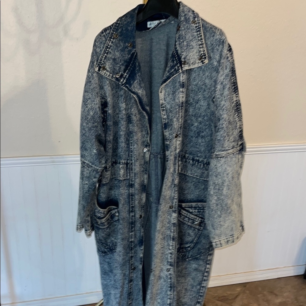 Vintage 80s Acid Wash Denim Duster Coat Denim coat Jean Coat Jean Jacket - Picture 2 of 13